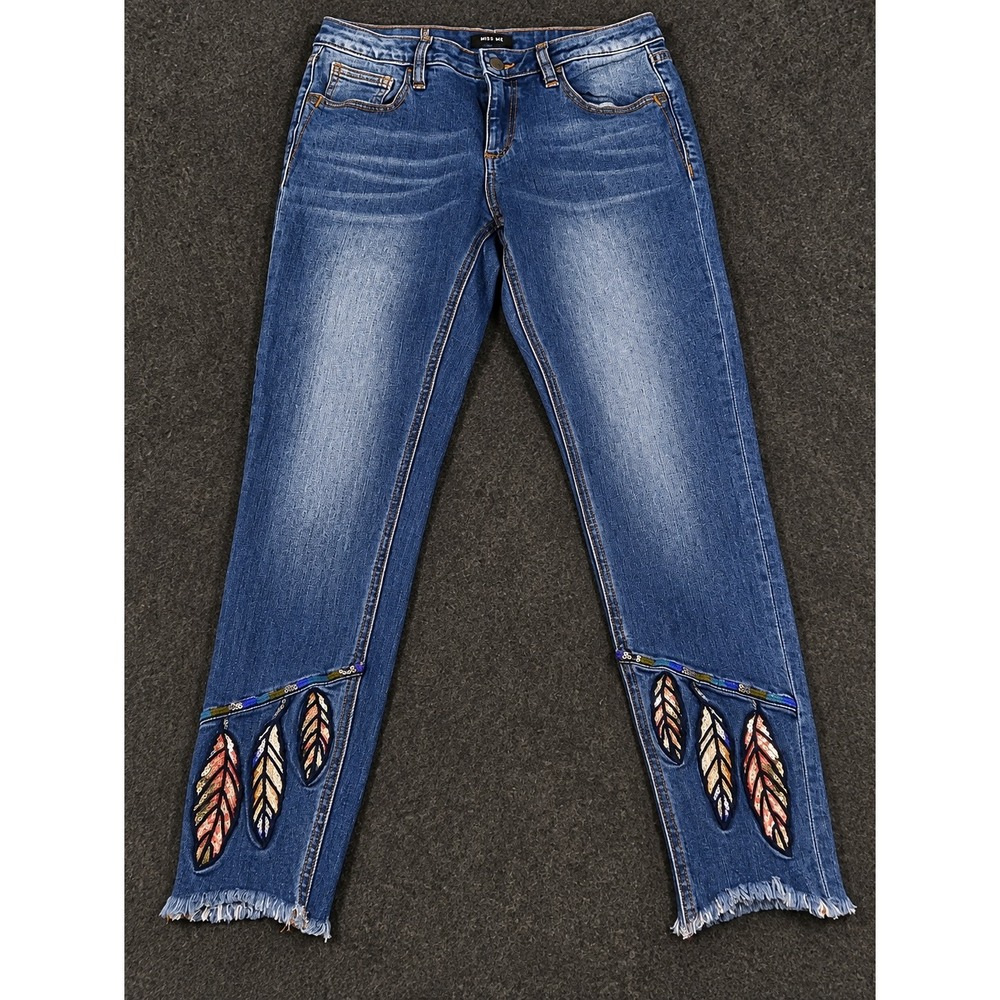 Miss Me Skinny Jeans Womens 26 Blue Feather Embroidered Frayed Hem Mid Rise